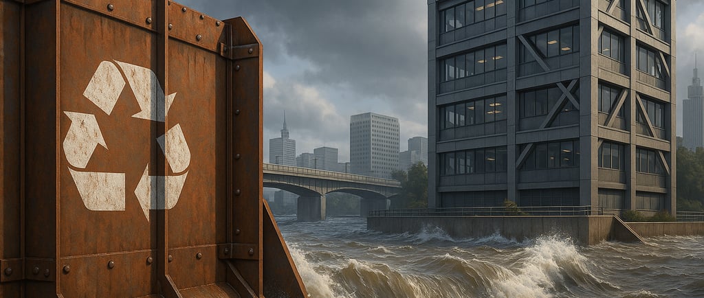 Flood barrier made of recycled steel facing storm surge near an earthquake-resistant building.