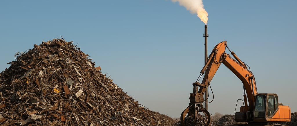 Scrap yard with metal pile, orange excavator, and flare stack emitting smoke