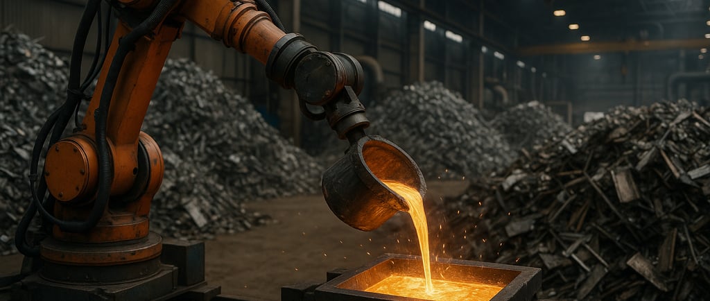industrial robotic arm pouring molten metal into mold inside large scrap metal recycling factory 