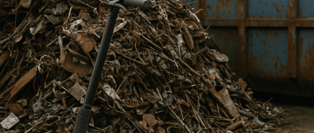 Abandoned e-scooter near scrap metal pile at recycling yard.