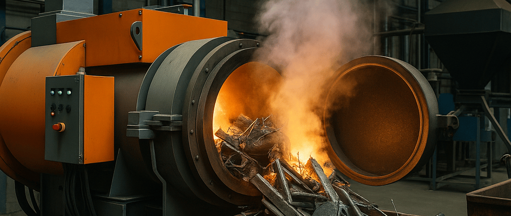 Industrial pyrolysis unit processing glowing steel scrap inside a factory.