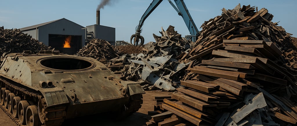 Rusting military tank hull and scrap metal piles near an active recycling facility.