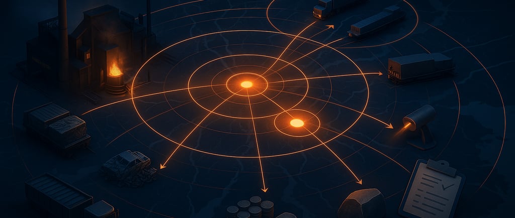 Glowing steel mill map with EAF hubs, scrap piles, and transport links.