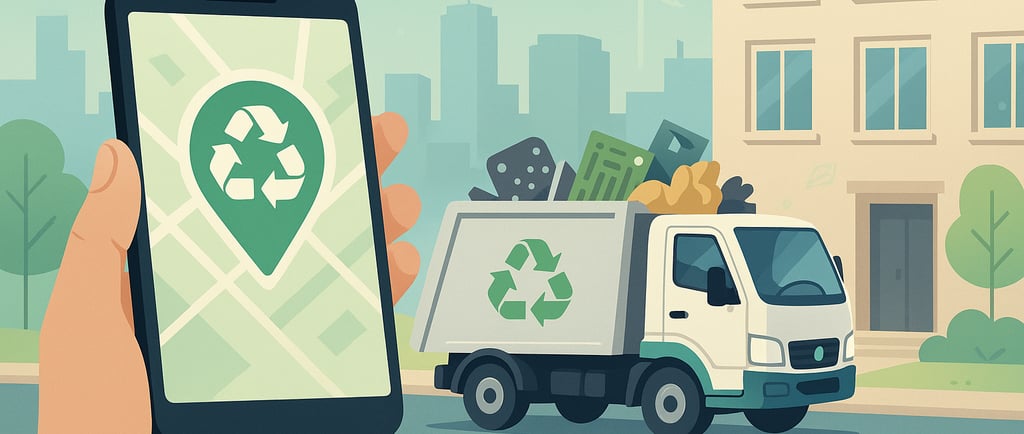 Smartphone showing recycling pickup app beside a collection truck in the city.