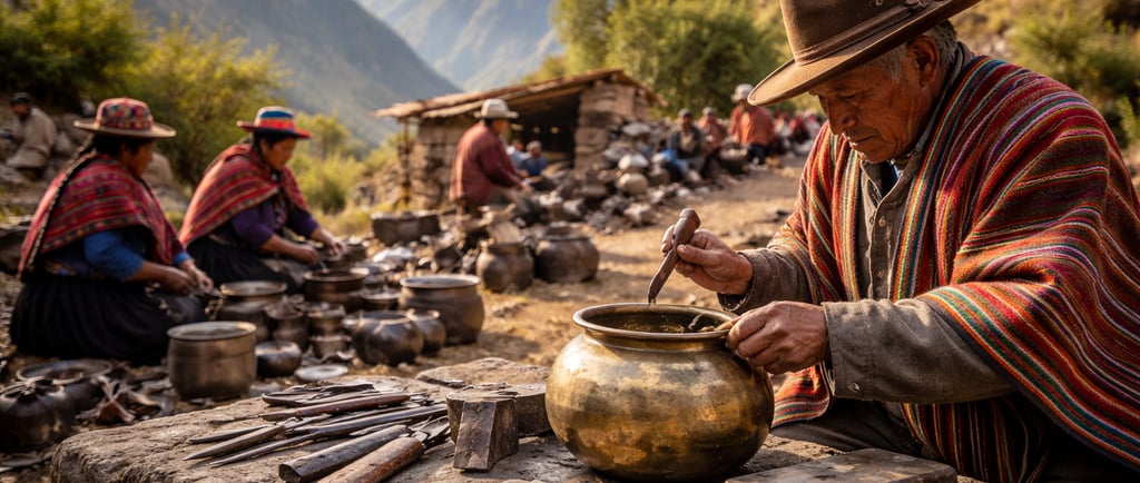 Andean villagers repairing metal cookware and tools outdoors in a mountain setting