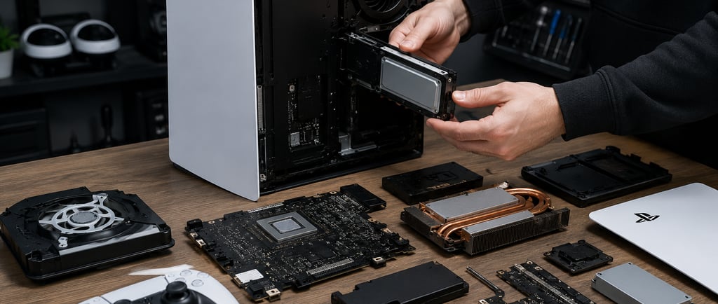 Technician removing a modular drive from an opened gaming console