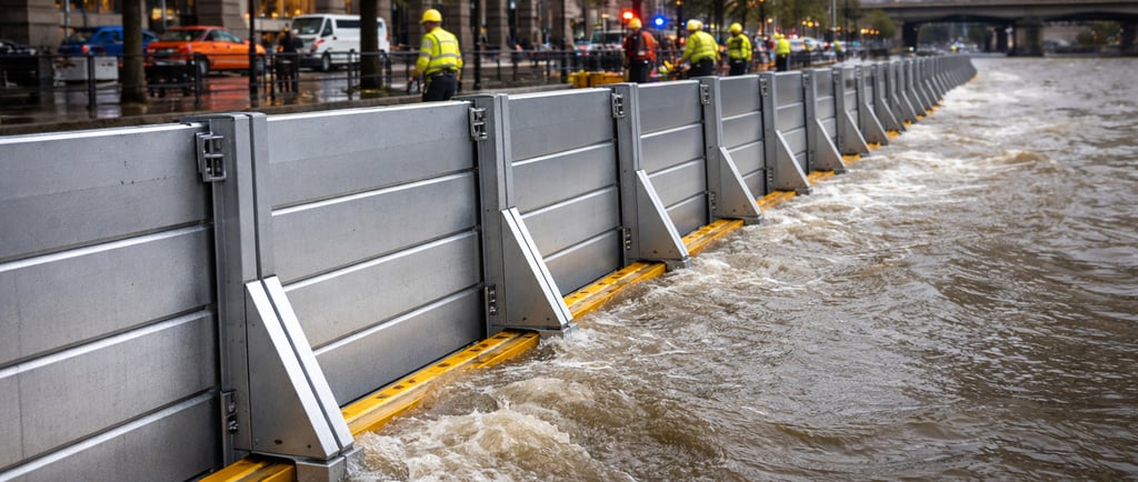 Modular recycled-metal flood barriers holding back rising water along an urban waterfront.