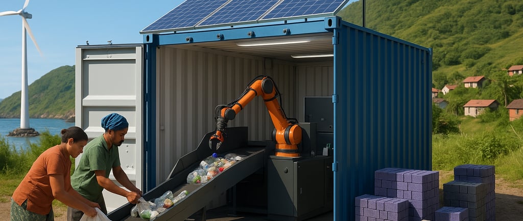 Solar-powered container recycler with robotic arm sorting plastics in a remote coastal village.