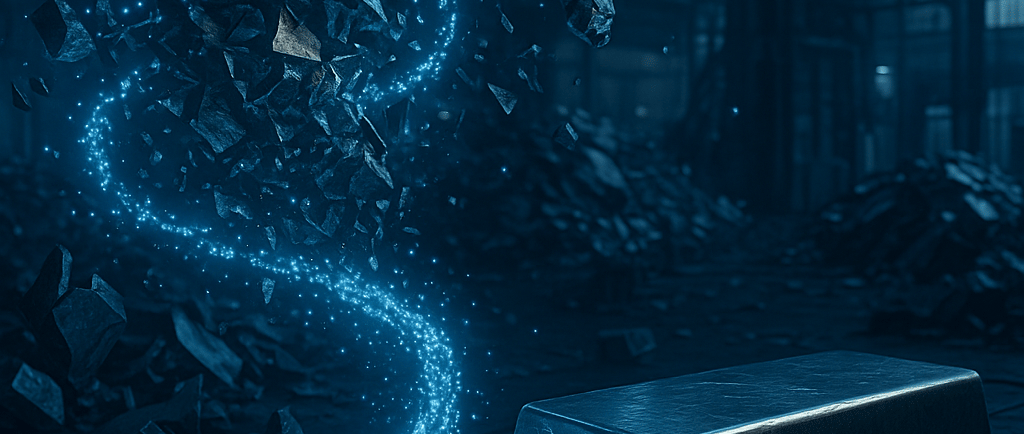 Glowing nanoparticles refine scrap metal into a polished ingot inside a futuristic recycling facilit