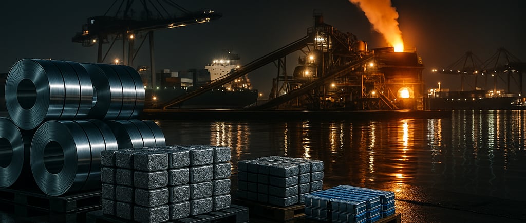 Nighttime nickel smelter with steel coils, nickel briquettes, and battery cells by the water.