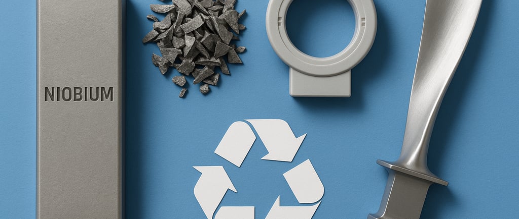 Niobium ingot, scrap, MRI coil, turbine blade, and recycling symbol on blue background.
