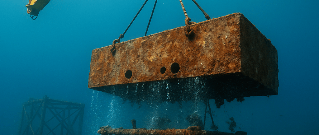 Underwater crane lifting a rusted metal platform from the ocean floor.