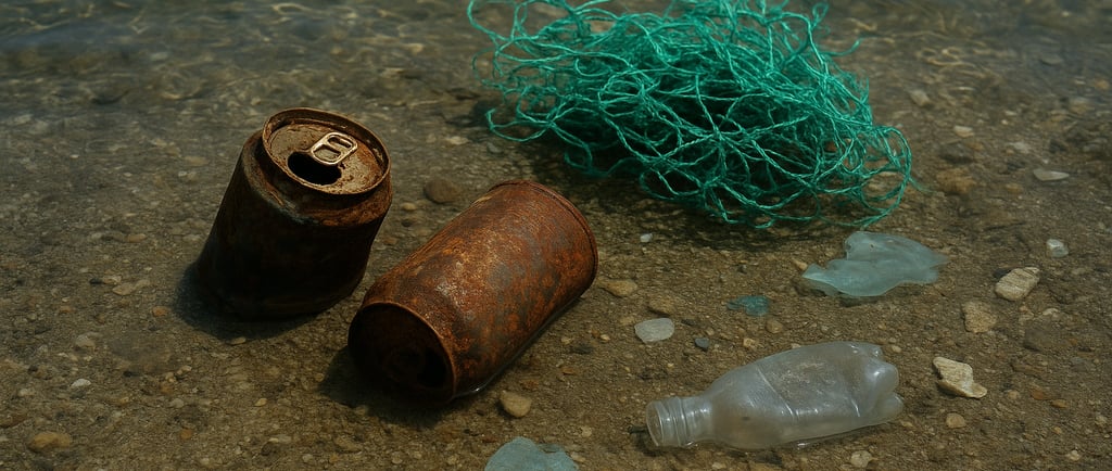 Rusty cans, fishing net, and plastic on a shallow seabed.