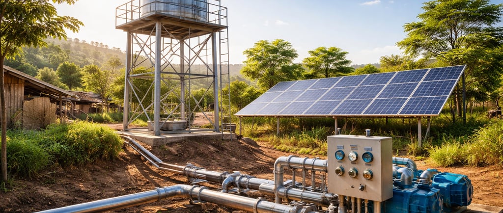 Off-grid solar water system with steel tank, metal pipes, and pumps in a rural setting.