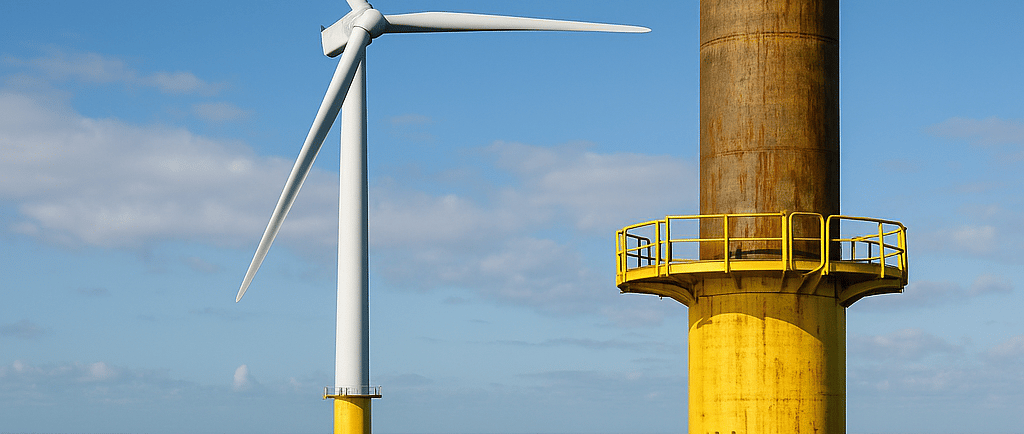 Offshore wind turbine and recycled steel monopile in open sea under partly cloudy sky.