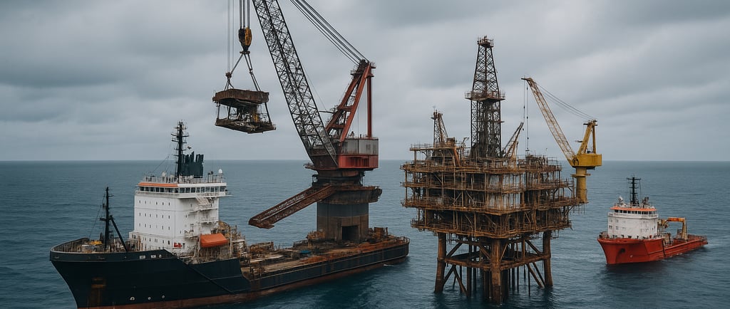 ChatGPT said: Offshore oil rig dismantling with cranes and vessels under a cloudy sky.