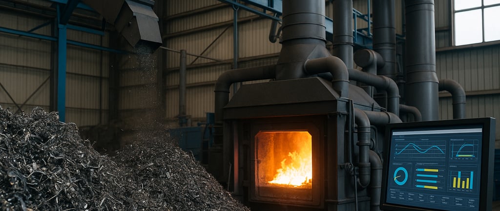 Aluminum recycling plant with metal turnings, furnace, and process monitors.