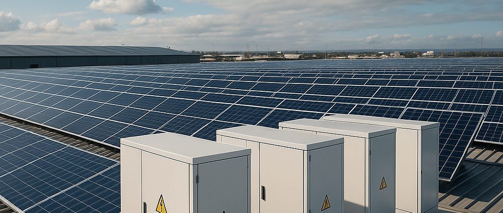 Industrial rooftop with solar panels and three battery units under a partly cloudy sky.