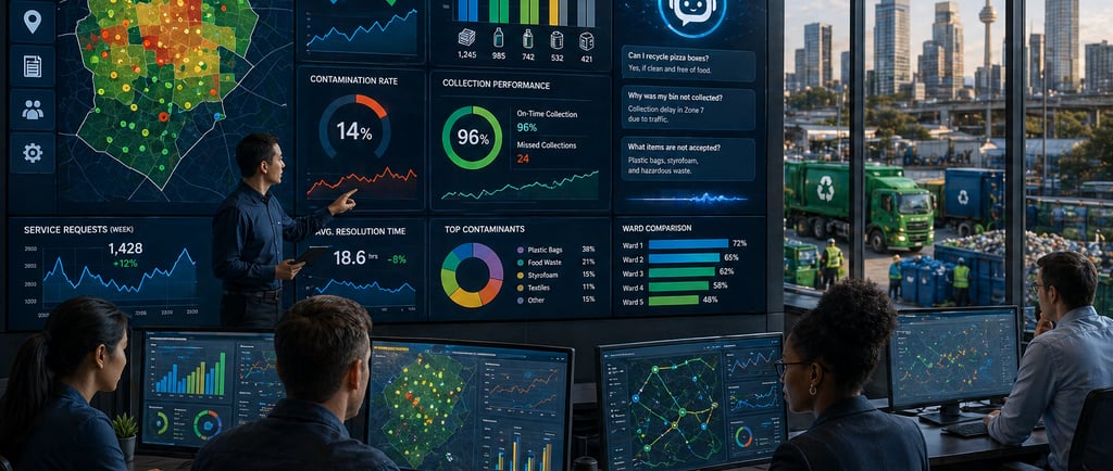 City data team reviewing AI-powered recycling metrics dashboards