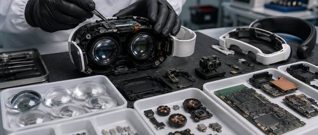 Technician disassembling an XR headset with recovered lenses, circuit boards, and rare earth items