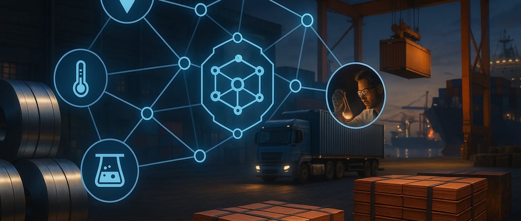 Blockchain linked metals supply chain with coils, copper stacks, glowing oracle network at port