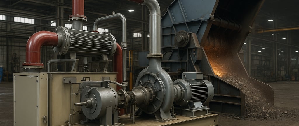 ORC unit beside a metal shredder recovering waste heat in an industrial plant.