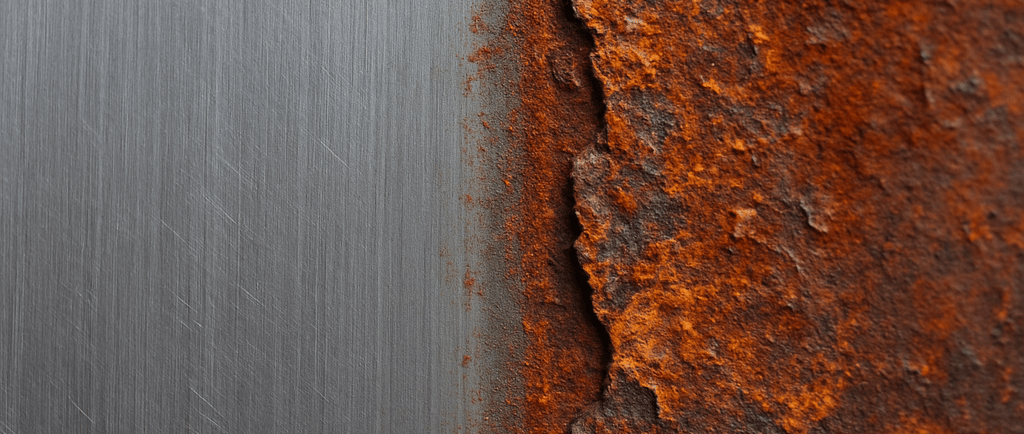 Close-up of polished steel beside corroded rust.