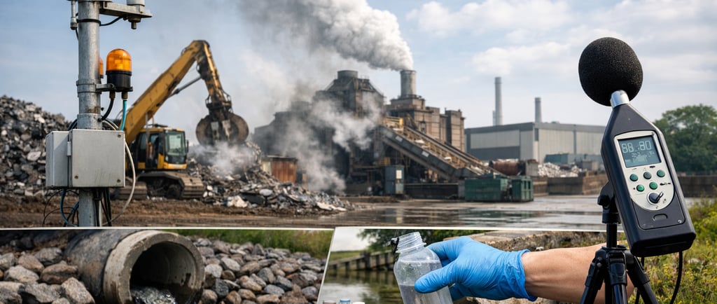 Recycling yard with air sensor, stormwater sampling, and noise meter.