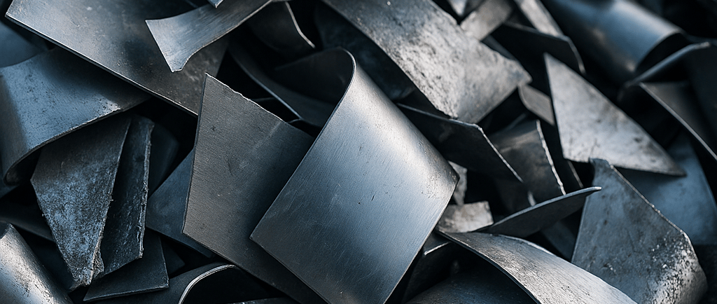 Pile of titanium scrap in an industrial yard with silos and a factory in the background.