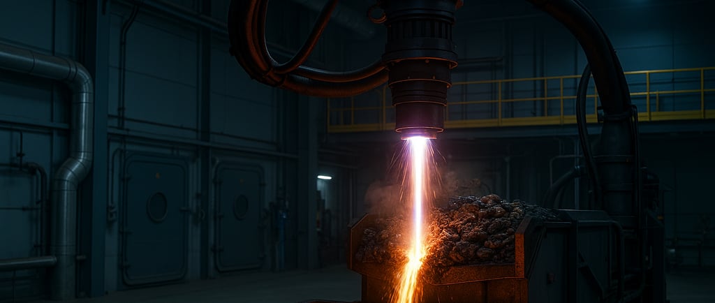 Plasma torch liquefying scrap in an advanced recycling facility.