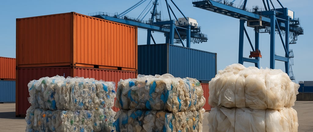 Plastic scrap bales at a shipping yard with containers and cranes.