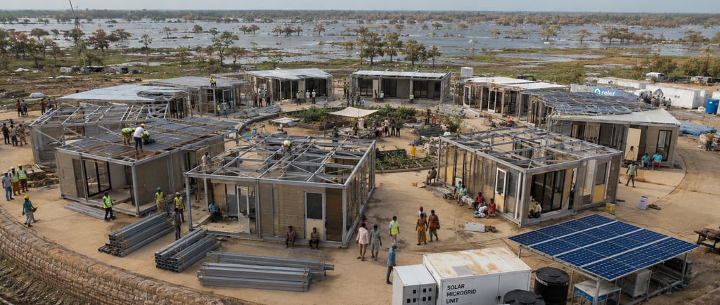 Demountable steel homes assembled for flood-displaced families.