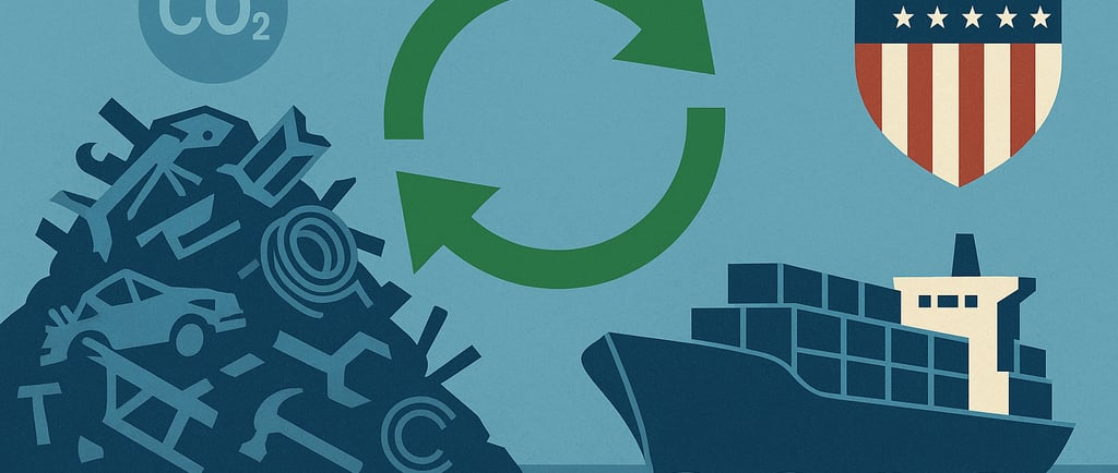 Scrap metal, recycling symbol, cargo ship, and U.S. shield for CBAM trade.
