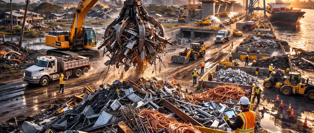 Disaster scrap recovery yard at a port with excavator, trucks, workers, and sorted metal debris