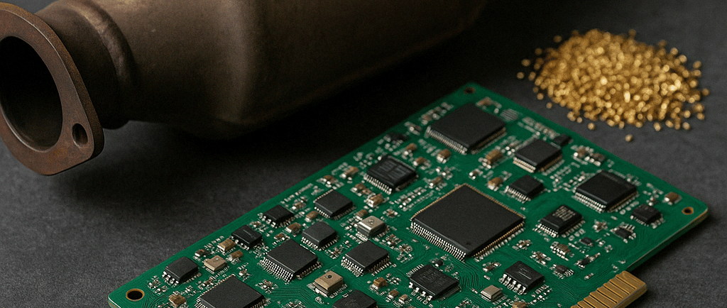 Catalytic converter, circuit board, and gold granules on a dark surface.