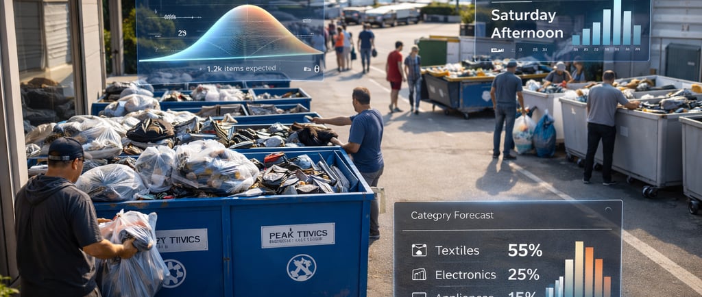 Recycling drop-off site with people unloading items and subtle data-style overlays