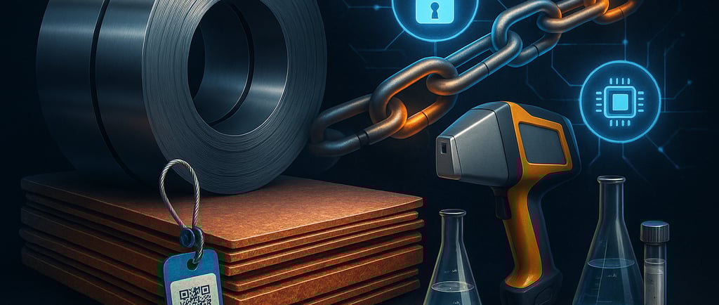 Blockchain-secured metals scene with steel coil, copper sheets, lab tools, and digital chain links.