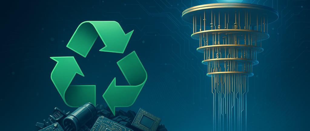 Futuristic digital artwork showing a glowing green recycling symbol above electronic waste, contrast