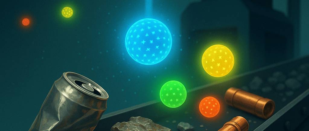 Glowing quantum dots hover over scrap metals on a recycling conveyor belt.
