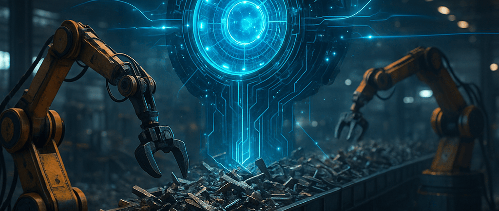 Quantum core monitors robotic arms sorting scrap on a conveyor.