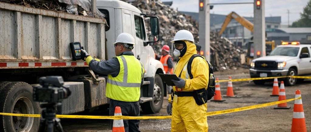 Scrap yard workers inspect a truck with radiation detection equipment at a controlled portal area.