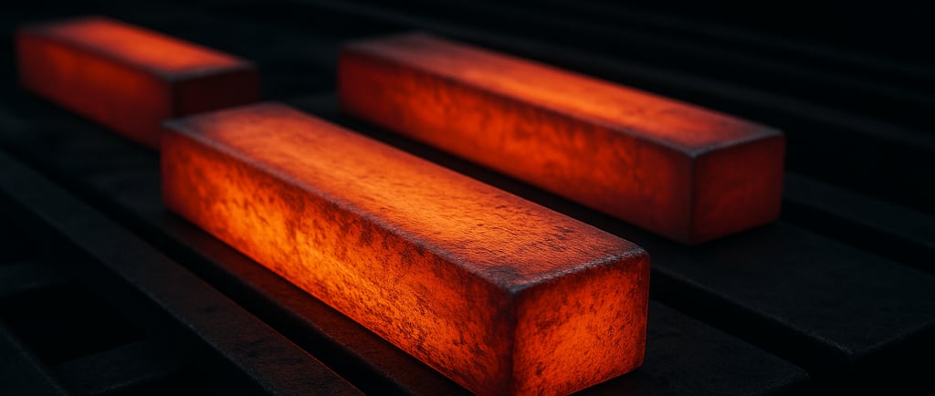 Glowing steel billets cooling on dark metal racks.
