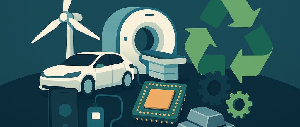 A digital illustration of rare earth elements powering tech like wind turbines, EVs, and smartphones
