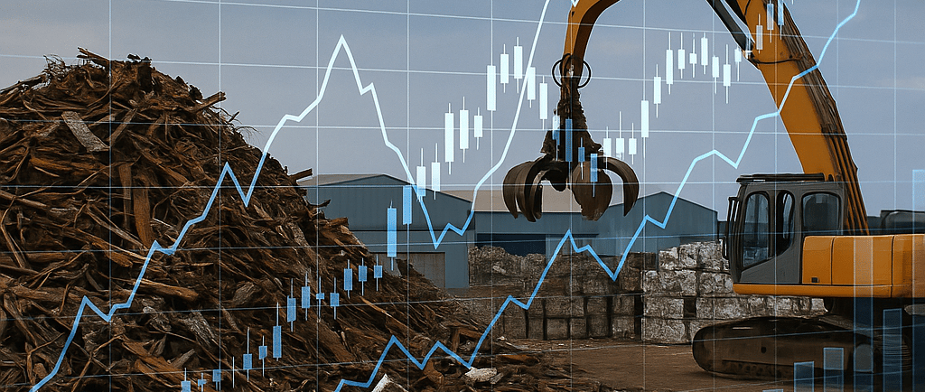 Scrap yard with holographic commodity price charts overlay