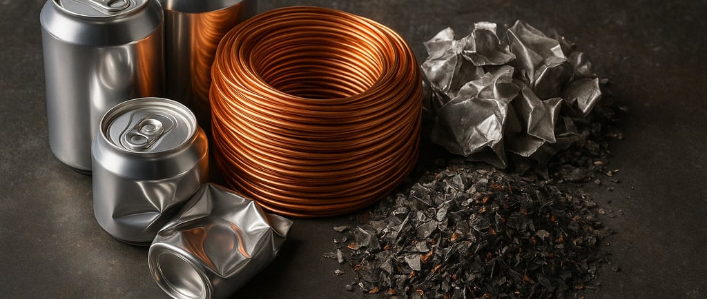 A high-resolution close-up image of various recycled metal materials arranged artistically on a dark