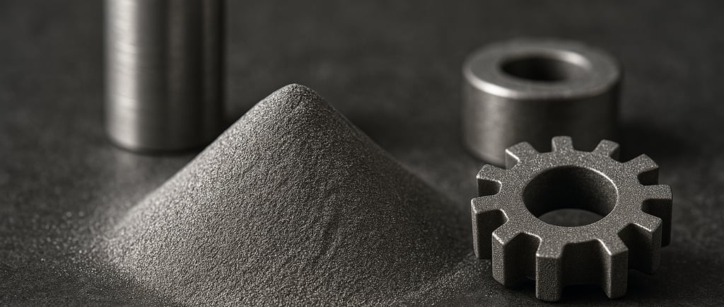 metallic powder and sintered gear on dark background