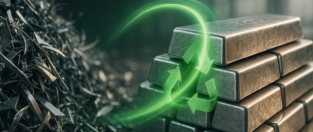Scrap pile morphs into stacked ingots via green recycling swirl.