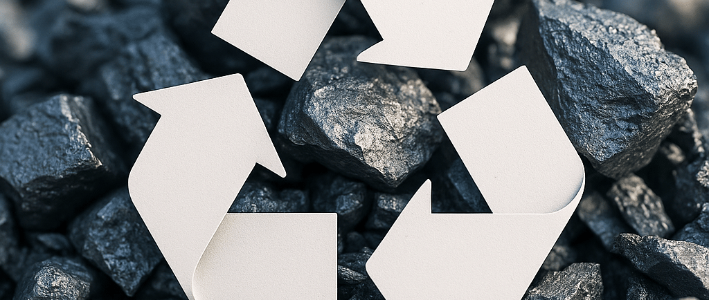 Close-up of metal fragments with a white recycling symbol on top.
