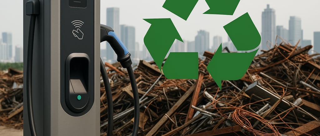 EV charging station beside scrap metal pile with city skyline in background.
