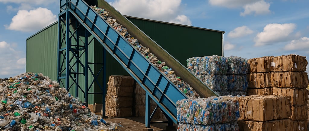 Recycling facility with conveyor belt, stacked plastic and cardboard bales, and green building under